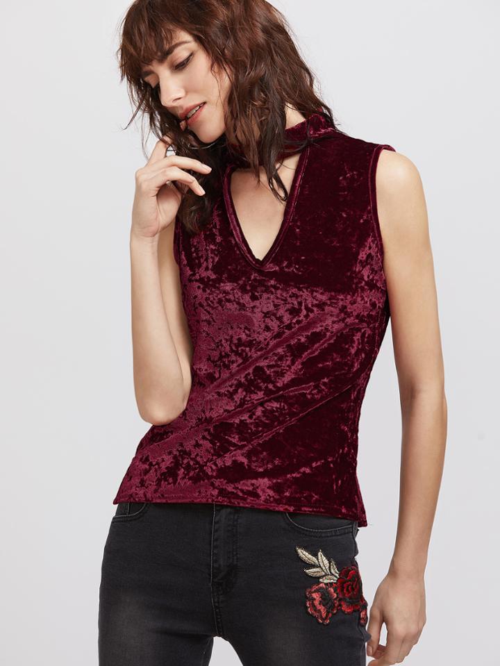Shein Burgundy Cut Out Mock Neck Velvet Sleeveless Top