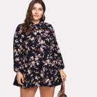 Shein Plus Calico Print Tie Neck Pep Hem Dress
