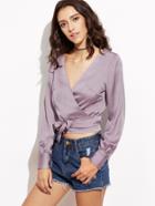 Shein Purple Self Tie Crop Satin Wrap Blouse