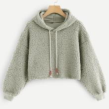 Shein Solid Drawstring Detail Teddy Sweatshirt