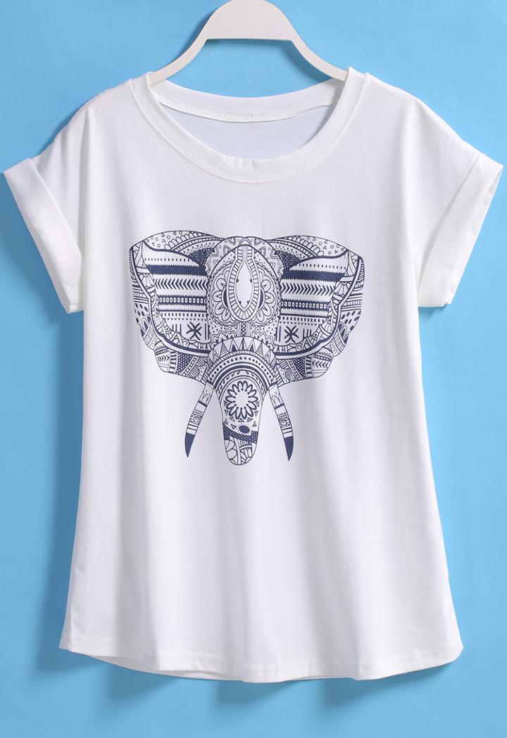 Shein White Short Sleeve Elephant Print Loose T-shirt