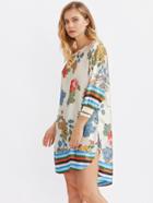 Shein Floral Print Striped Trim Side Split Top