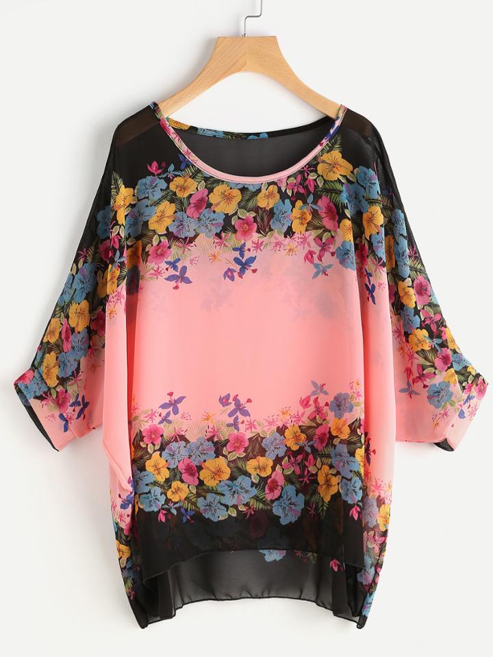 Shein Florals Dolman Sleeve Dip Hem Chiffon Blouse