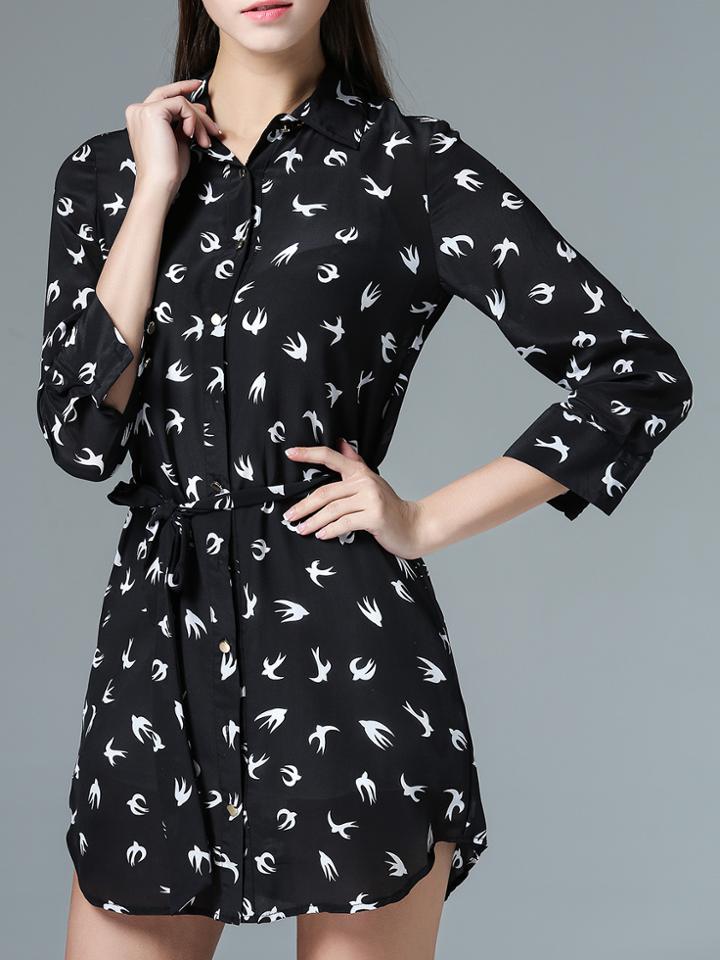 Shein Black Lapel Pigeons Tie-waist Dress