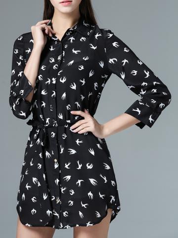 Shein Black Lapel Pigeons Tie-waist Dress