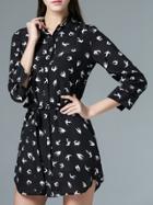 Shein Black Lapel Pigeons Tie-waist Dress