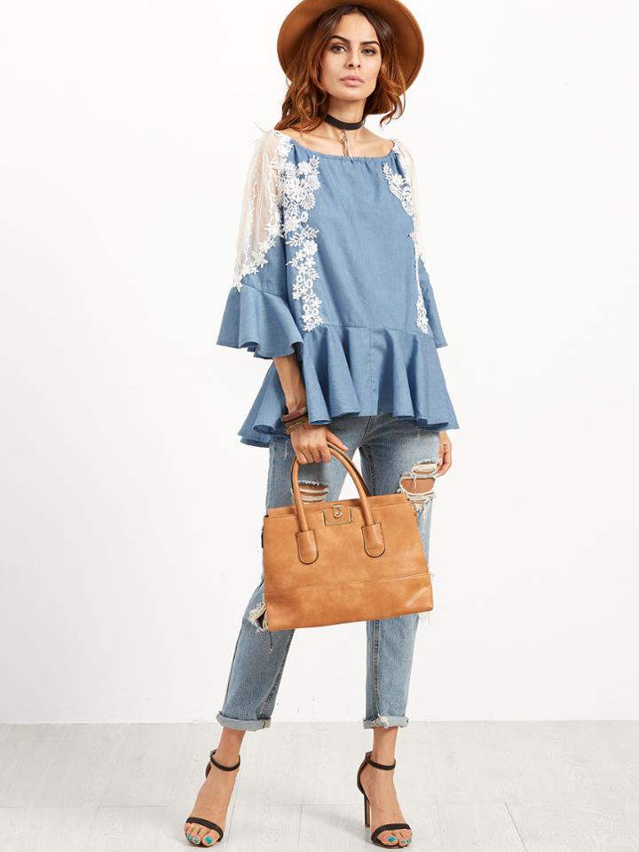 Shein Blue Crochet Applique Mesh Insert Bell Sleeve Peplum Top
