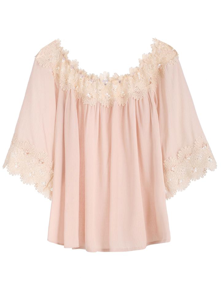 Shein Apricot Boat Neck Crochet Trim Top