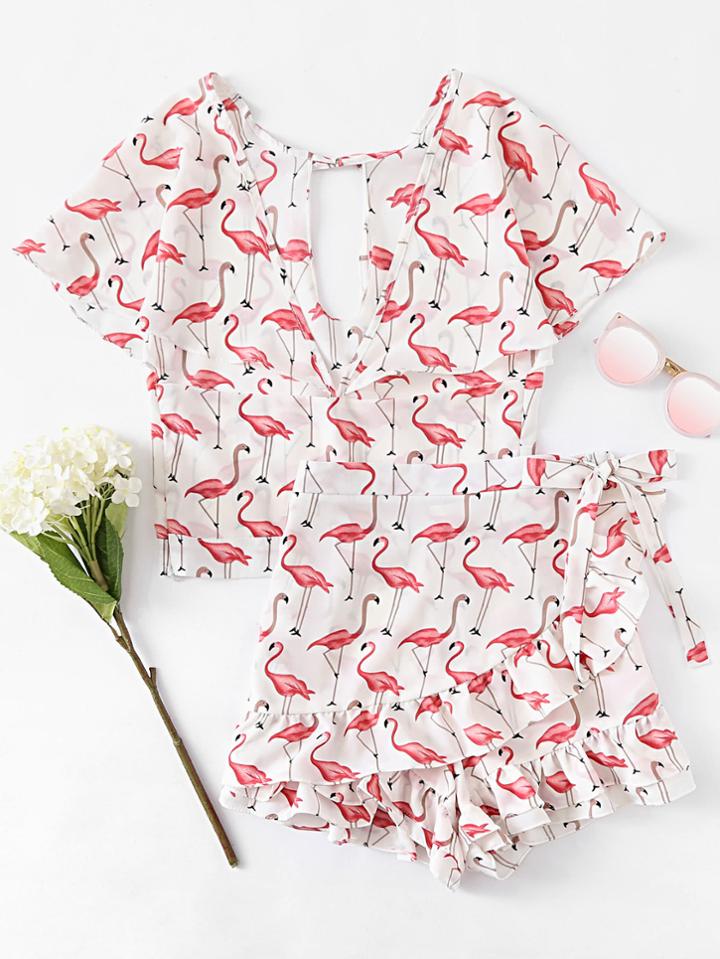 Shein Flamingo Print Keyhole Back Frill Top With Overlap Shorts