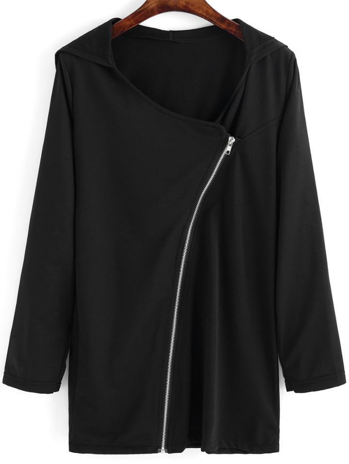 Shein Black Hooded Oblique Zipper Loose Coat