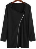 Shein Black Hooded Oblique Zipper Loose Coat