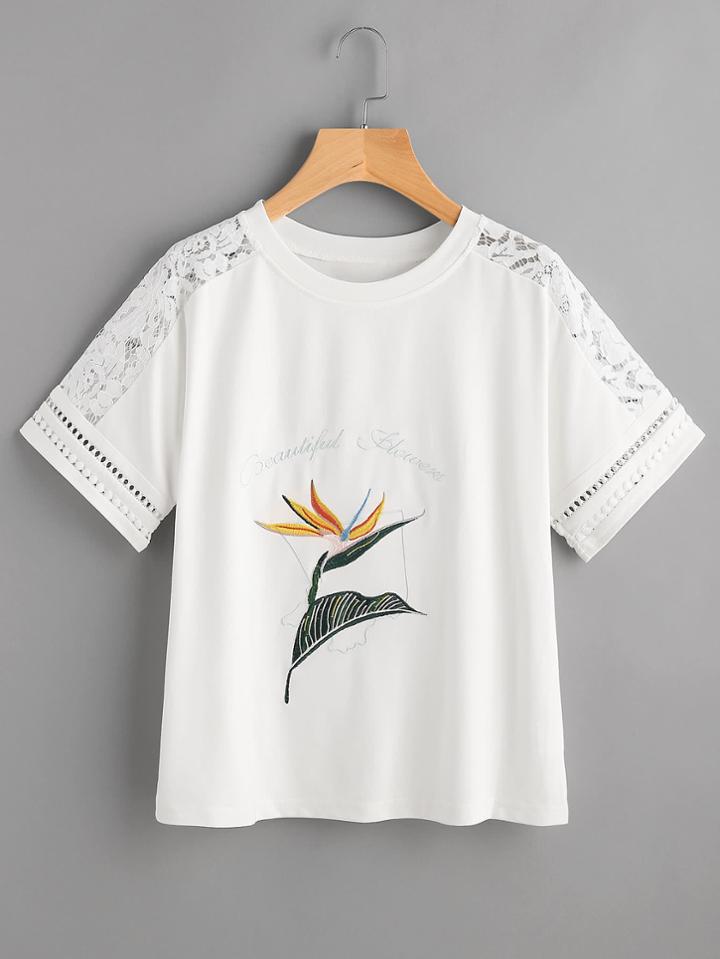 Shein Lace Shoulder Flower Embroidered T-shirt