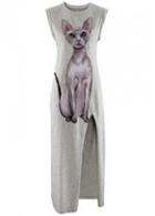 Rosewe Cute Cat Pattern Sleeveless Slit Maxi Dress