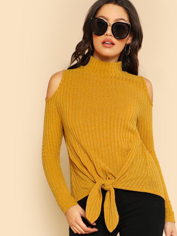 Shein Mock Neck Open Shoulder Knot Front Tee