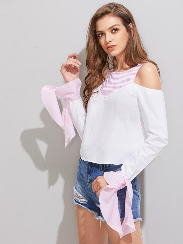 Shein Striped Yoke Open Shoulder Frilled Cuff Blouse