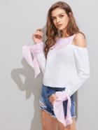 Shein Striped Yoke Open Shoulder Frilled Cuff Blouse