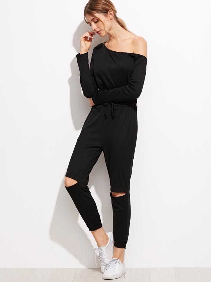 Shein Black One Shoulder Cutout Knee Drawstring Jumpsuit