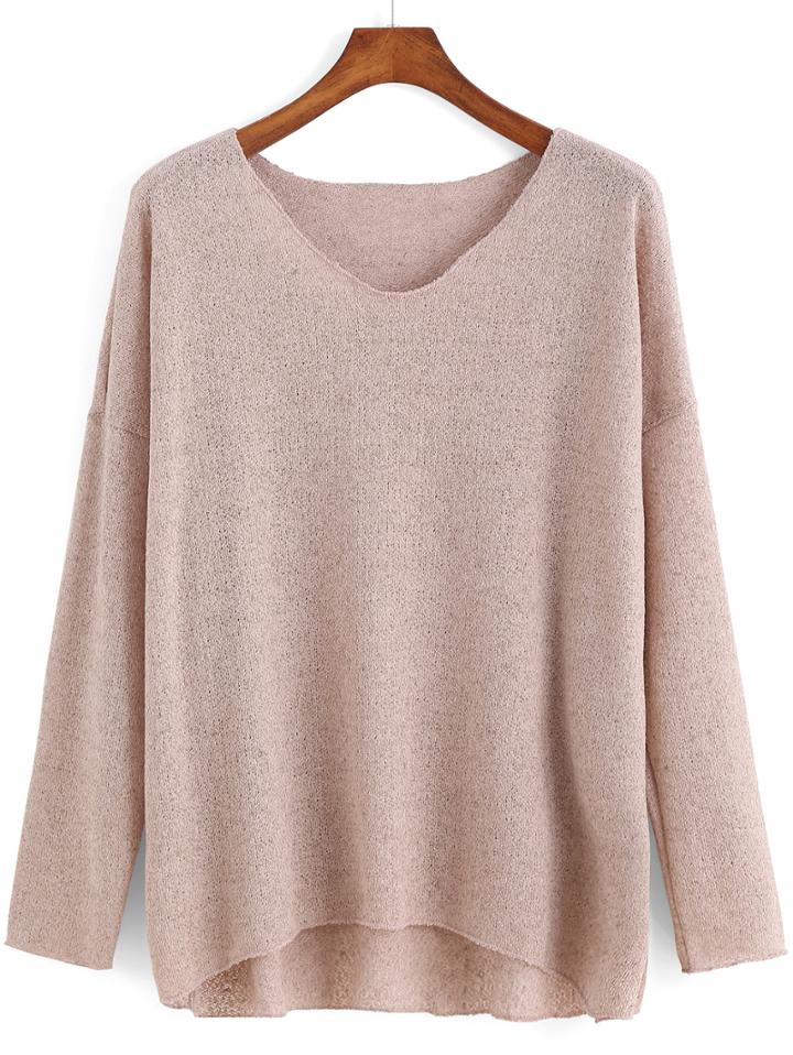 Shein V Neck Dip Hem Apricot Sweater