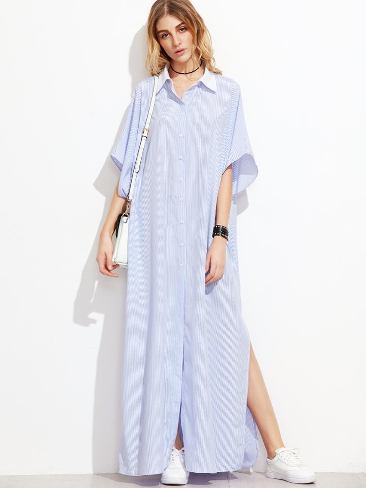 Shein Blue Vertical Striped Contrast Collar Oversized Shirt Dress