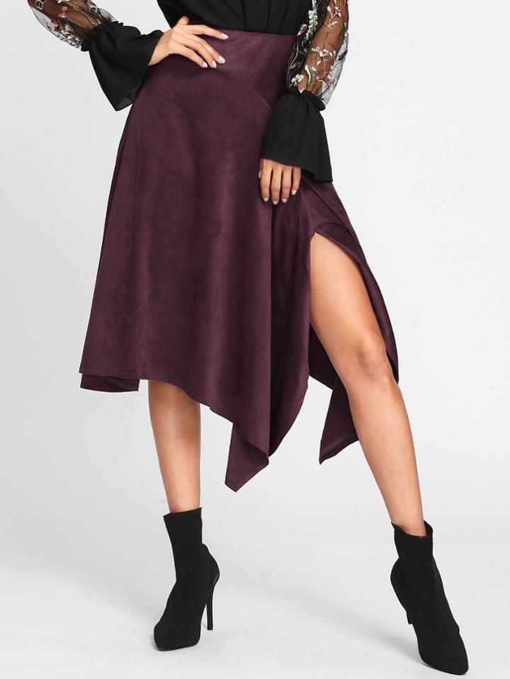 Shein Split Handkerchief Hem Suede Skirt