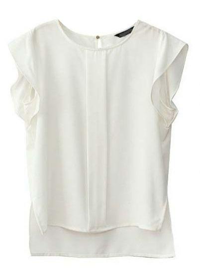 Shein White Ruffles Short Sleeve Dipped Hem Blouse