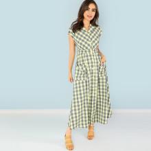 Shein Pocket Front Button Up Plaid Dress