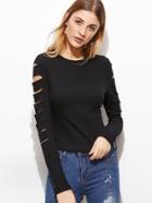 Shein Black Ripped Sleeve Ribbed Knit T-shirt