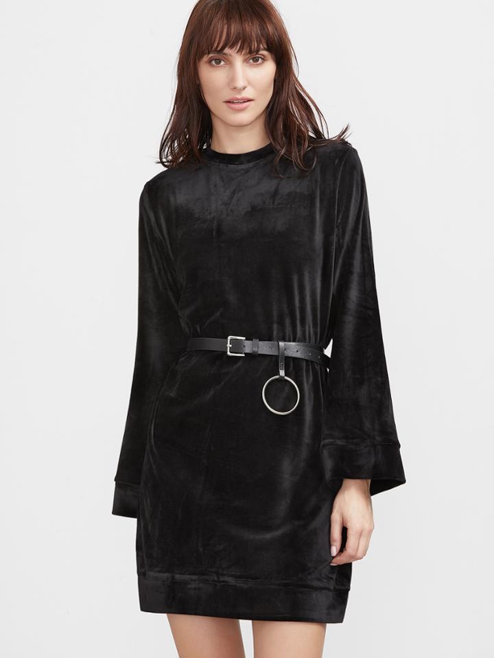Shein Black Velvet Shift Dress With Belt