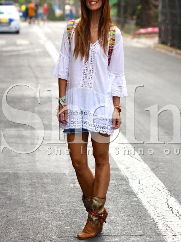 Shein White V Neck Bell Sleeve Lace Eyelet Blouse