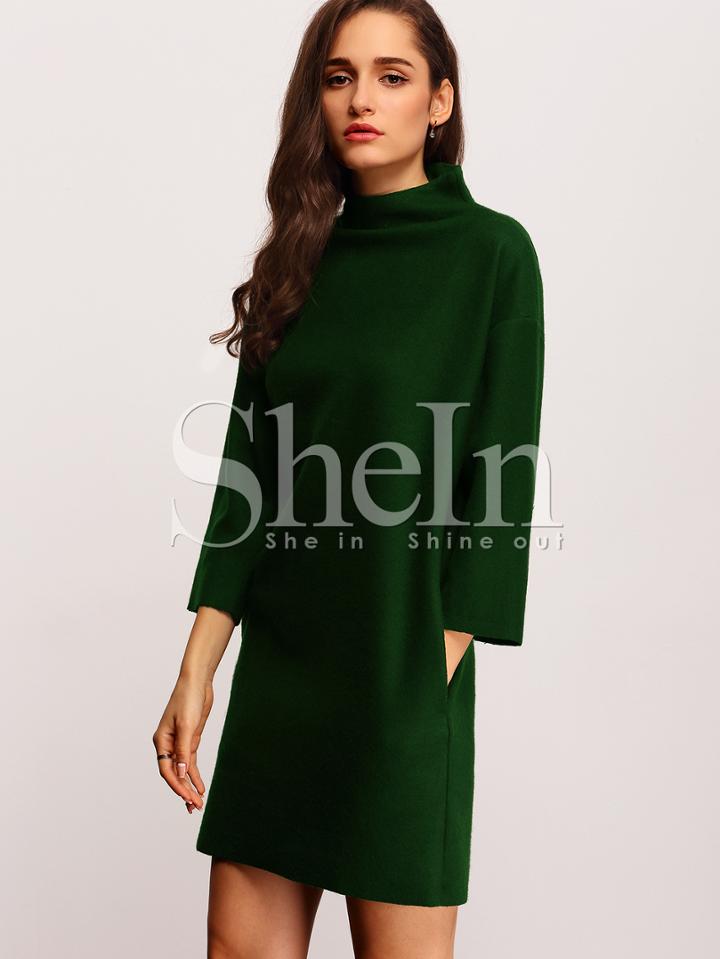 Shein High Neck Zipper Back Dress With Pocket