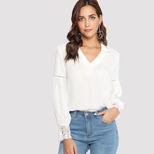 Shein Laser Cut Insert Guipure Lace Cuff Blouse