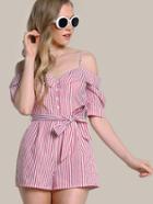 Shein Foldover Cold Shoulder Half Placket Striped Romper