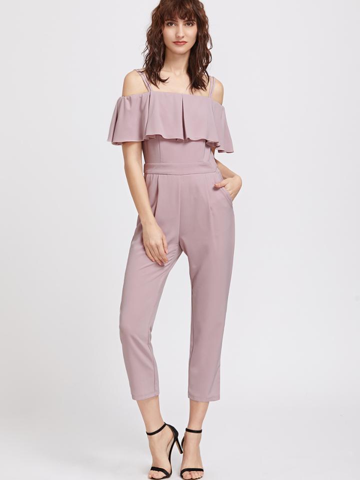 Shein Purple Ruffle Cold Should Capris Jumpsuit