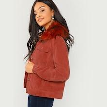 Shein Faux Fur Collar Buttoned Corduroy Jacket