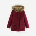 Shein Girls Faux Fur Detail Flap Pocket Front Hooded Coat
