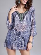 Shein Blue Geometric Print Bead Embroidered Chiffon Top