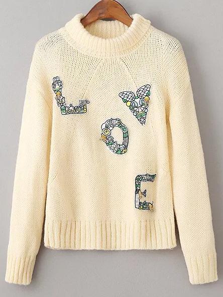 Shein Beige Patch Detail Mock Neck Knitwear