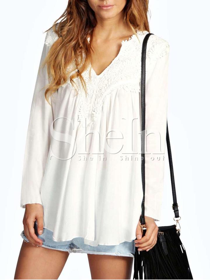 Shein Crochet Shoulder Loose Fit Blouse - White