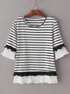 Shein Black White Pleated Ruffle Splicing Stripe T-shirt