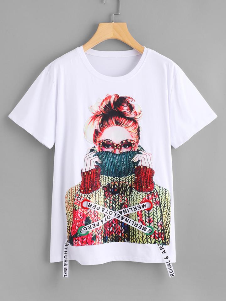 Shein Figure Print Pearl Embellished Tee