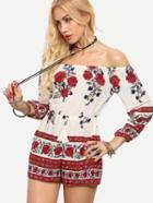 Shein Off-the-shoulder Tassel Tie-waist Printed Romper - Red