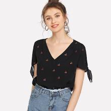 Shein Cherry Print Tipping Detail Top