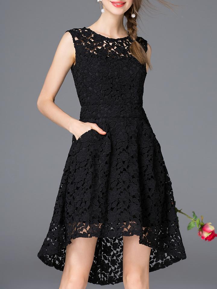 Shein Black Crochet Hollow Out High Low Pockets Dress