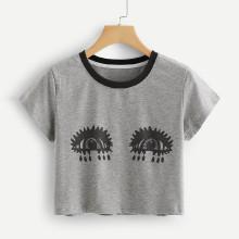 Shein Contrast Neck Heather Knit Graphic T-shirt