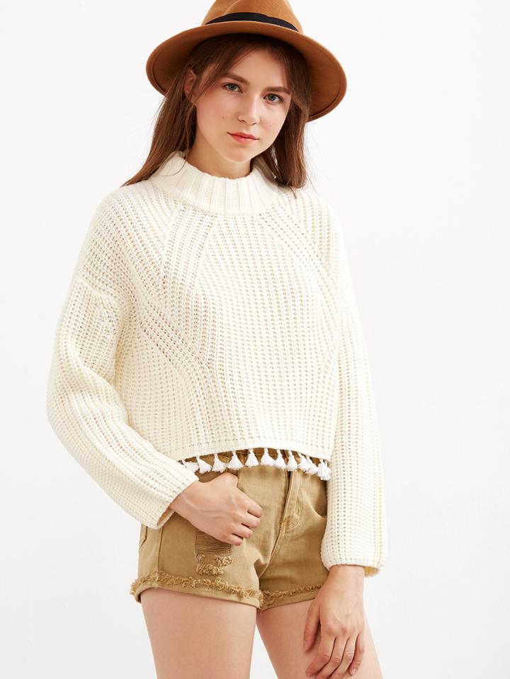 Shein White High Neck Tassel Trim Sweater