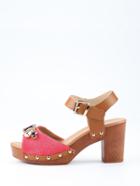 Shein Red Denim Ankle Strap Wooden Platform Sandals