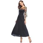 Shein Sheer Mesh Panel Embroidery Flounce Sleeve Dress