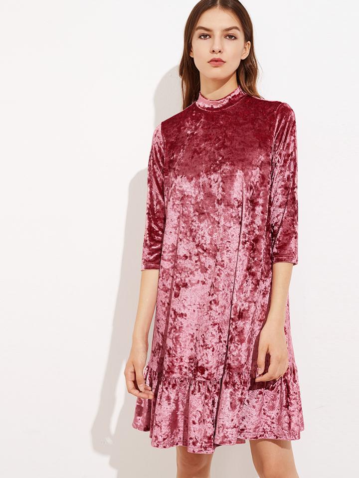 Shein Mock Neck Frill Hem Crushed Velvet Dress
