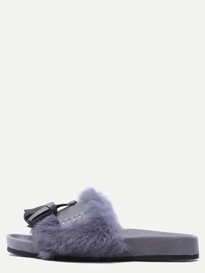 Shein Grey Peep Toe Faux Fur Tassel Trim Soft Sole Slippers