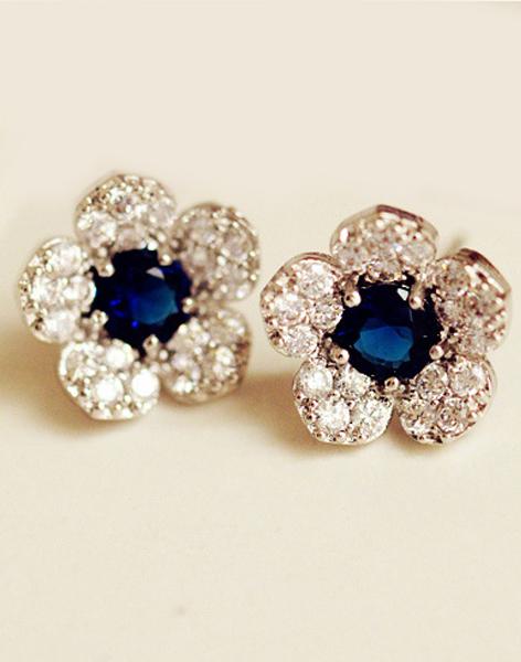 Shein Blue Gemstone Diamond Flower Earrings